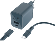 Chargeur USB double, bleu-vert foncé, avec câbles USB-C et USB-C. Le chargeur a deux ports.