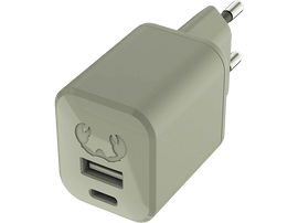 Chargeur USB vert olive avec deux ports. Un design blanc et une prise. Fond noir.