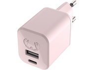 Un chargeur USB rose avec un port USB et deux broches, isolé sur fond noir.