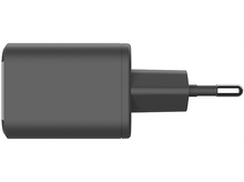 Charger l'image dans la galerie, Un adaptateur secteur noir avec une prise, vu de dessus, sur fond blanc.

