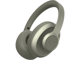 Casque audio vert olive sur fond noir. Écouteurs et arceau visibles, vue de profil.