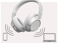 Charger l&#39;image dans la galerie, Casque blanc avec ondes radio. Un téléphone et un ordinateur portable sont affichés.
