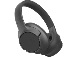 Un casque noir posé sur un fond noir. Le casque est supra-auriculaire et a un design circulaire.