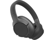 Un casque noir posé sur un fond noir. Le casque est supra-auriculaire et a un design circulaire.