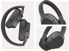 Charger l&#39;image dans la galerie, Trois vues d&#39;un casque gris foncé : plié, latéral et détails de l&#39;écouteur.
