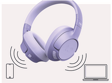 Charger l&#39;image dans la galerie, Une paire d&#39;écouteurs lavande avec un smartphone et un ordinateur portable émettant des ondes sonores.

