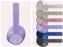 Charger l&#39;image dans la galerie, Casque violet avec le mot &#39;CLAM&#39; sur le côté, à côté d&#39;un dégradé de couleurs des options de casque.
