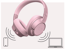 Charger l&#39;image dans la galerie, Casque rose avec des ondes sonores et une icône de téléphone et d&#39;ordinateur portable à côté.
