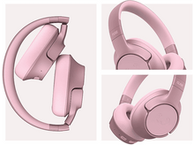 Charger l&#39;image dans la galerie, Casque rose en trois vues : plié, latéral et en angle, sur fond blanc.
