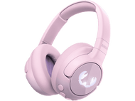 Casque sans fil rose sur fond noir. Le casque a un logo de crabe sur l'oreille.