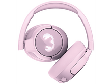 Charger l&#39;image dans la galerie, Une paire d&#39;écouteurs roses pliés, sur fond blanc. Un logo est visible.
