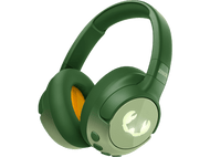 Casque vert avec un logo d'écrevisse sur l'écouteur. Des détails jaunes sont visibles.