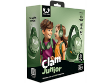 Charger l&#39;image dans la galerie, Boîte d&#39;écouteurs Clam Junior. Comprend un dessin animé de deux enfants et les écouteurs. Couleurs vert et blanc.
