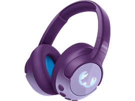 Casque violet avec écouteurs bleus. Les écouteurs ont un logo blanc, et le mot 