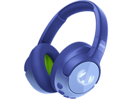 Casque bleu avec oreillettes et un logo. Les oreillettes ont des accents vert lime.