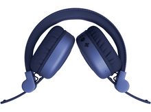 Charger l&#39;image dans la galerie, Une paire d&#39;écouteurs bleus pliables sur fond blanc.
