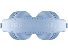 Charger l&#39;image dans la galerie, Casque audio avec des oreillettes bleu clair et un bandeau blanc avec du texte.
