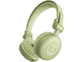 Casque de couleur vert clair sur fond noir. Le casque affiche un logo.