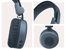 Charger l&#39;image dans la galerie, Casque bleu avec vues détaillées. Détail latéral, détail du bandeau et détail inférieur.
