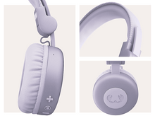 Charger l&#39;image dans la galerie, Trois vues d&#39;un casque violet clair : côté, dessus et bandeau. Détail des oreillettes et du bandeau.
