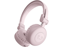 Casque rose. Style circum-auriculaire. Fond blanc. Design moderne, lignes épurées.