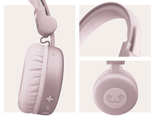 Charger l&#39;image dans la galerie, Un casque rose avec des détails, dont l&#39;écouteur, l&#39;oreillette et une vue latérale, sur fond blanc.
