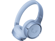 Casque bleu, design circum-aural, accents blancs, fond noir.