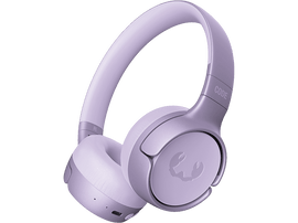 Casque violet sur fond noir. Accents blancs, vue latérale.