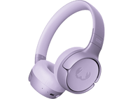 Casque violet sur fond noir. Accents blancs, vue latérale.