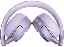 Charger l&#39;image dans la galerie, Casque lavande et gris plié, vue de dessus, sur fond blanc. Écouteurs et bandeau visibles.
