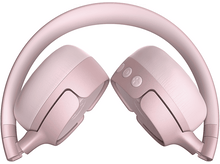 Charger l&#39;image dans la galerie, Une paire d&#39;écouteurs roses pliés. Les écouteurs sont sans fil et ont des boutons sur les oreillettes.
