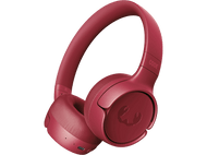 Casque sans fil rouge sur fond noir. Le mot 