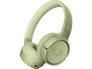 Casque vert olive avec bandeau et coussinets blancs, sur fond noir.