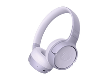 Charger l&#39;image dans la galerie, Une paire d&#39;écouteurs sans fil violet clair avec un coussinet blanc.
