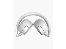 Charger l&#39;image dans la galerie, Casque blanc plié en forme de U. Les écouteurs sont orientés vers l&#39;extérieur.
