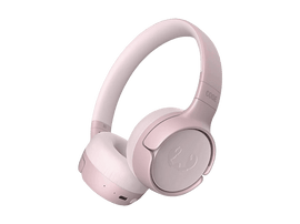 Casque sans fil rose et blanc sur fond noir. Le casque porte le mot 