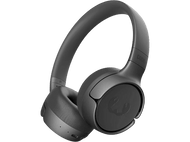 Casque sans fil noir sur fond noir, avec un logo sur l'écouteur.