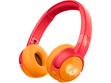 Charger l&#39;image dans la galerie, Casque rouge et orange avec le mot &#39;JUNIOR&#39; sur le côté, sur fond sombre.
