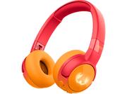 Casque rouge et orange avec le mot 'JUNIOR' sur le côté, sur fond sombre.