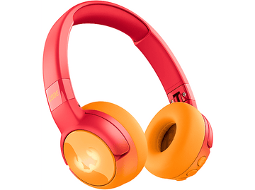 Casque rouge et orange. Le bandeau est rouge et les écouteurs sont orange.