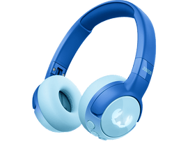 Casque bleu avec écouteurs bleu clair. Les écouteurs ont un logo blanc, et le mot 
