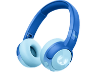 Casque bleu avec écouteurs bleu clair. Les écouteurs ont un logo blanc, et le mot 'JUNIOR'.