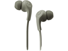 Deux écouteurs intra-auriculaires gris avec un logo, sur fond noir.