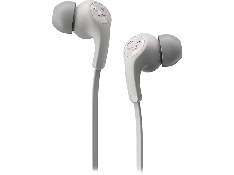 Paire d'écouteurs intra-auriculaires gris clair. Logo blanc sur chaque écouteur. Fond noir.