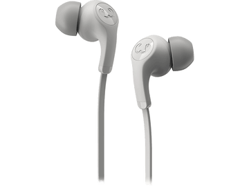 Paire d'écouteurs intra-auriculaires gris clair. Logo blanc sur chaque écouteur. Fond noir.