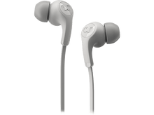 Charger l&#39;image dans la galerie, Paire d&#39;écouteurs intra-auriculaires gris clair. Logo blanc sur chaque écouteur. Fond noir.
