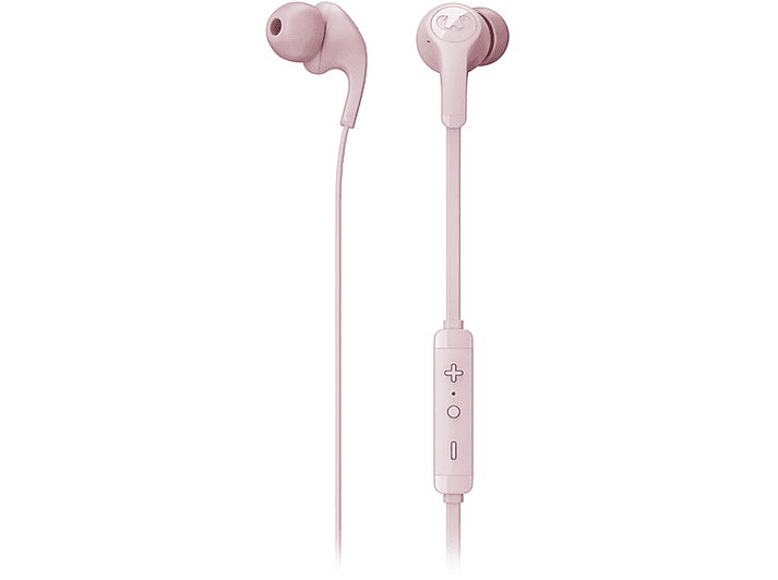 Écouteurs intra-auriculaires roses avec un bouton de contrôle sur le cordon.
