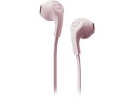 Écouteurs filaires roses sur fond noir. Les écouteurs ont un logo.