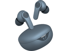 Charger l&#39;image dans la galerie, Écouteurs sans fil bleus dans l&#39;étui et un en dehors. Fond noir.
