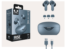 Charger l&#39;image dans la galerie, Écouteurs, boîte, accessoires. Texte : RISE, TRUE WIRELESS EARBUDS, 30h.
